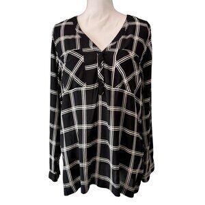 Old Navy Womens Black & White Button Up Plaid Long Sleeve V-Neck Blouse XL